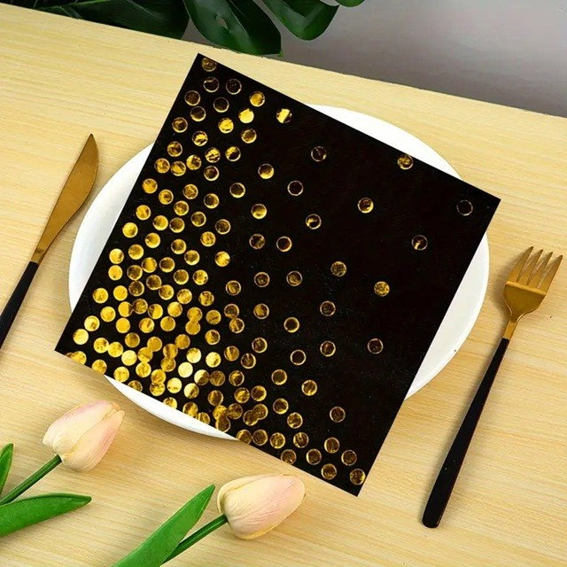 Set 20 de Servetele de Masa, Flippy, Imprimeu cu Buline Aurii, din Hartie, 17 x 17 cm, Negru [5]