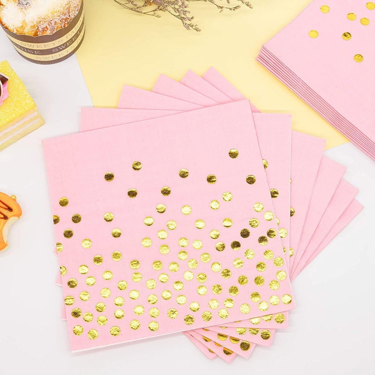 Set 20 de Servetele de Masa, Flippy, Imprimeu cu Buline Aurii, din Hartie, 17 x 17 cm, Roz [6]