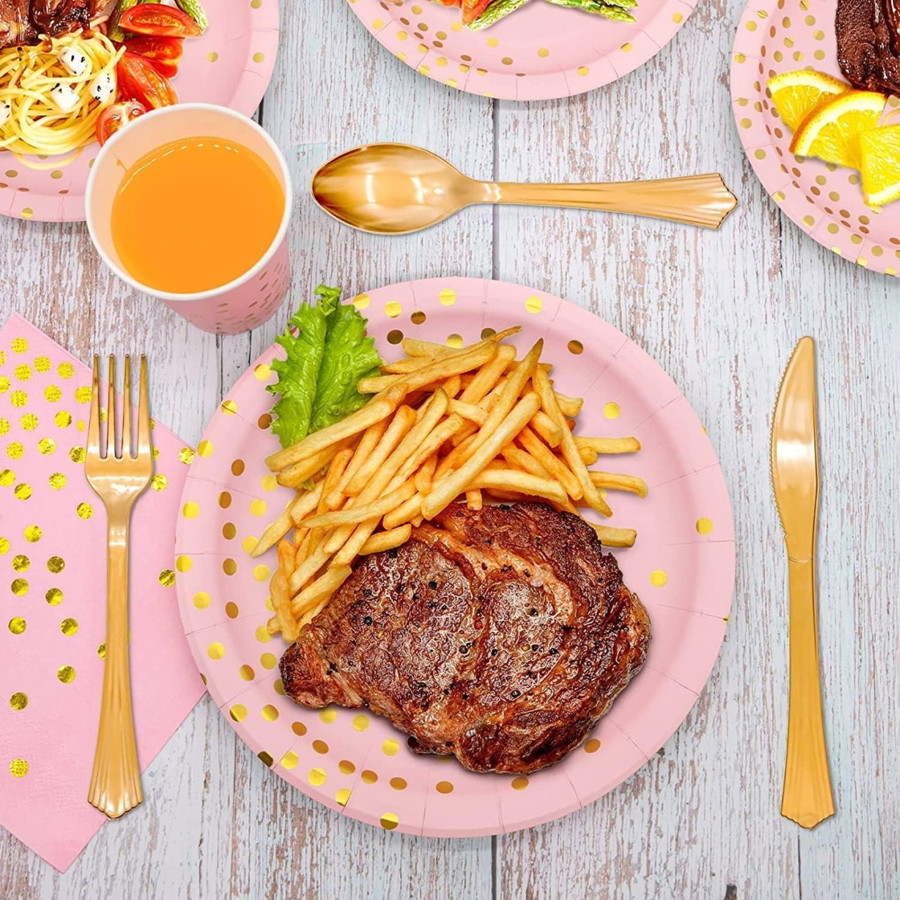 Set 20 de Servetele de Masa, Flippy, Imprimeu cu Buline Aurii, din Hartie, 17 x 17 cm, Roz [5]