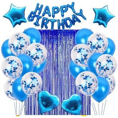 Set 24 de baloane folie si latex, 10 baloane latex simple, 10 bloane latex cu paiete, 4 baloane folie, ribon, 1x2 m perdea, Albastru [2]