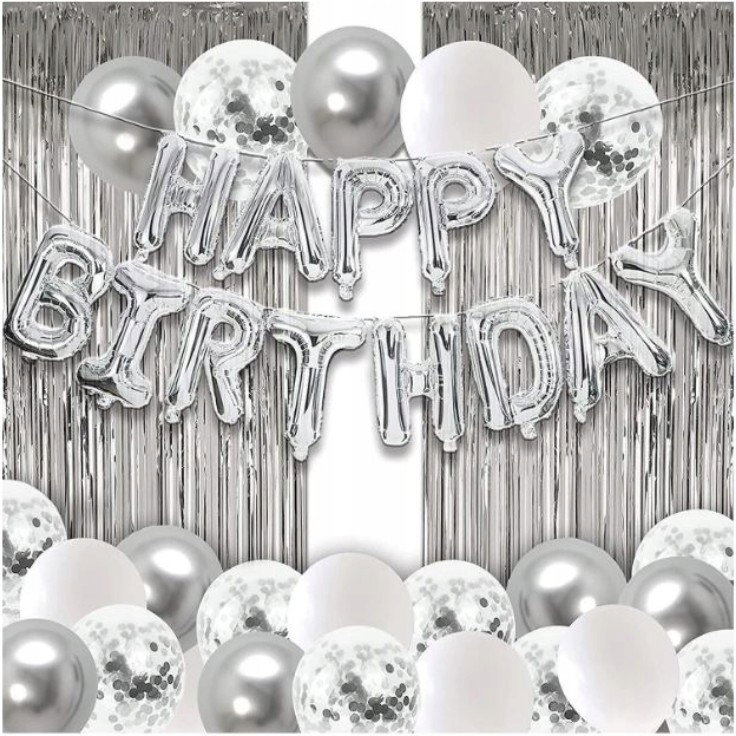 Set 24 de baloane folie si latex, 10 baloane latex simple, 10 bloane latex cu paiete, 4 baloane folie, ribon, 1x2 m perdea, Argintiu [2]