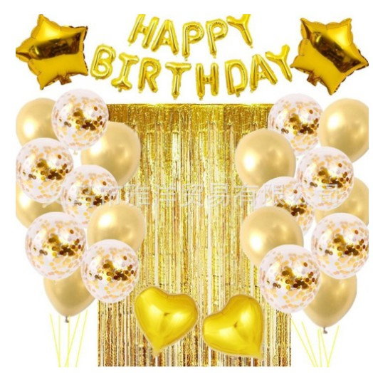 Set 24 de baloane folie si latex, 10 baloane latex simple, 10 bloane latex cu paiete, 4 baloane folie, ribon, 1x2 m perdea, Auriu [1]