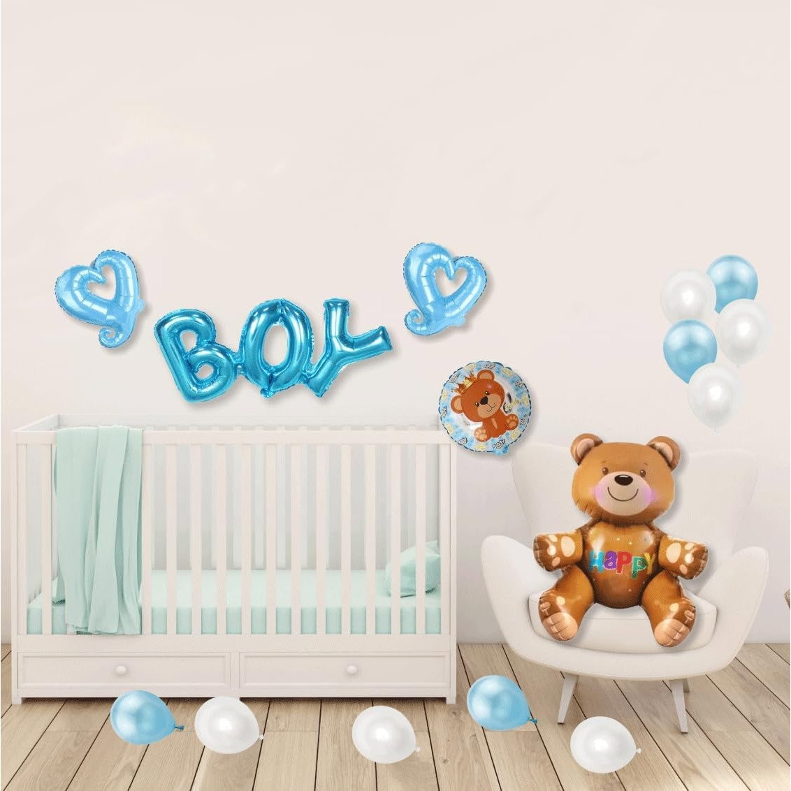 Set 25 Baloane, Flippy, din Latex si Folie de Aluminiu, Model Ursulet/Boy, Diferite Marimi, Albastru [2]