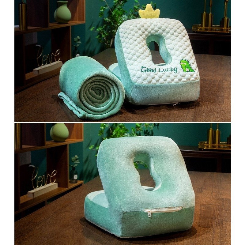 Set 2in1 Patura Microfibra si Perna din Spuma, Flippy, pentru Birou, Calatorii, Pauze, Model Dinozaur, Microfibra, 1x1.7 m, 30x35x30 cm, Verde [4]