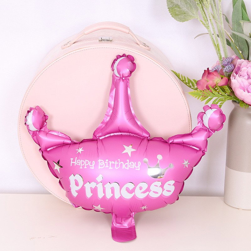 Set 3 Baloane din Folie Metalizata, Flippy, Figurine Coroana si Stea, Model Aniversare, 40 cm, Ambalaj Individual, Pai Inclus, Umflare cu Aer sau Heliu, Roz [4]