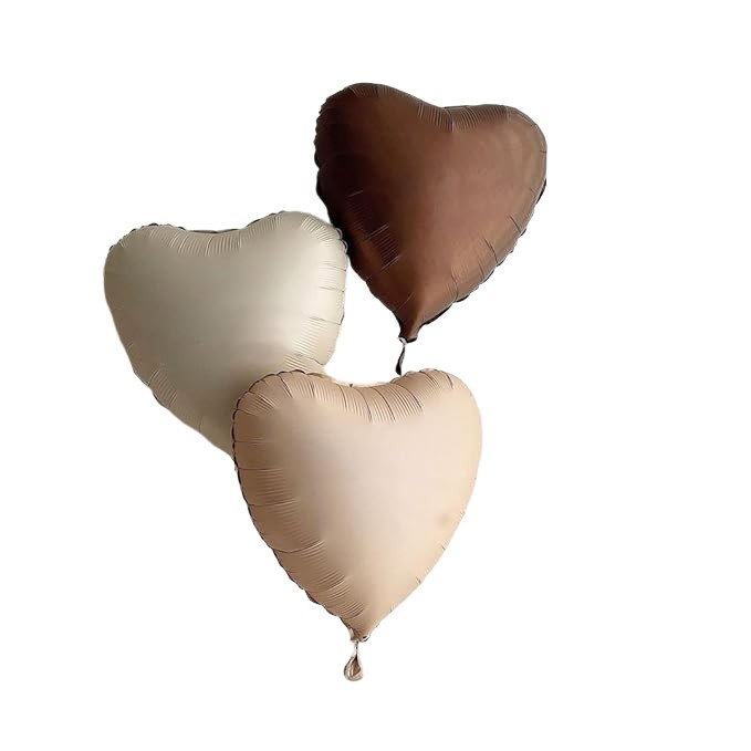 Set 3 Baloane din Folie Metalizata, Flippy, Figurine Inimi, Tema Ziua Indragostitilor, 45 cm, Ambalaj Individual, Pai Inclus, Umflare cu Aer sau Heliu, Crem/Maro [1]