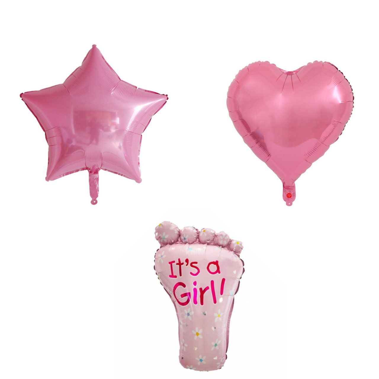 Set 3 Baloane din Folie Metalizata, Flippy, Figurine Picior 46x79 cm, Inima 45 cm, Stea 45cm, Model It's a Girl, Tema Gender Reveal, Ambalaj Individual, Pai Inclus, Umflare cu Aer sau Heliu, Roz [1]