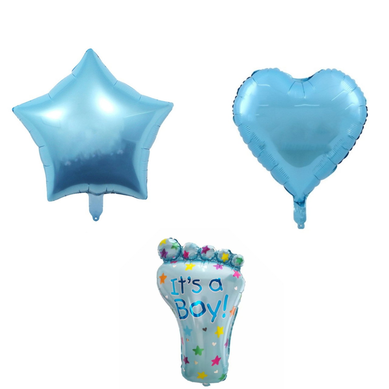 Set 3 Baloane din Folie Metalizata, Flippy, Figurine Picior 46x79 cm, Inima 45cm, Stea 45cm, Model It's a Boy, Tema Gender Reveal, Ambalaj Individual, Pai Inclus, Umflare cu Aer sau Heliu, Albast [1]