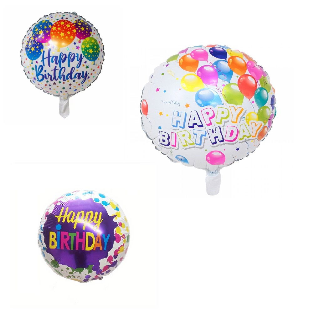 Set 3 Baloane din Folie Metalizata, Flippy, Mini Figurina Rotunda, Model Happy Birthday, 45 cm, Ambalaj Individual, Pai inclus, Umflare cu Aer sau cu Heliu, Multicolor [1]