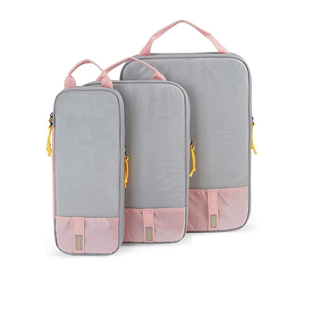 Set 3 Genti de Calatorie Flippy, Pentru Depozitare, Compresibile, 3 Dimensiuni, Mic, Mediu, Mare, Impermeabile, Fermoar Dublu, Roz [2]