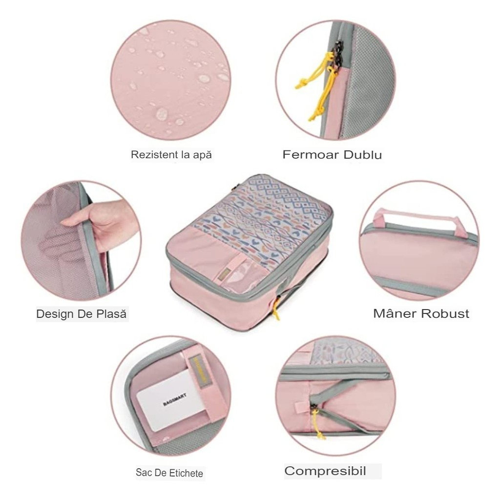 Set 3 Genti de Calatorie Flippy, Pentru Depozitare, Compresibile, 3 Dimensiuni, Mic, Mediu, Mare, Impermeabile, Fermoar Dublu, Roz [11]