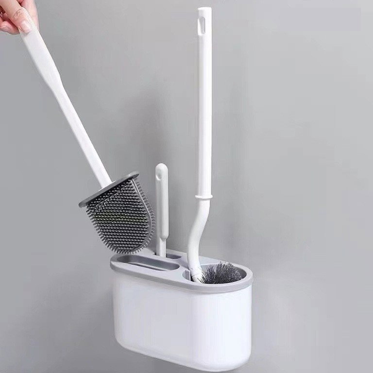 Set 3 Perii pentru Toaleta, Flippy, din Silicon, Perie Zimtata, Cap Flexibil, Suport Adeziv pentru Montarea pe Perete, 39 x 19 x 9.8 cm, Gri/Alb [2]