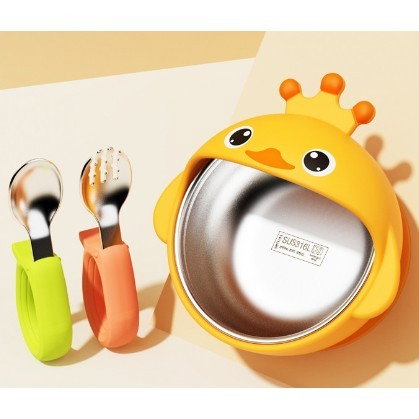 Set 3 Piese Diversificare Bebelusi si Copii, Flippy, Bol, Lingura si Furculita, Model Ratusca, din Silicon si Otel Inoxidabil, Galben [7]