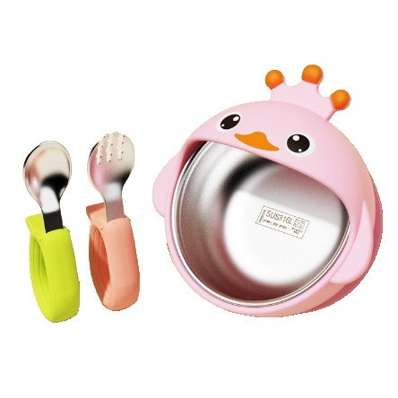 Set 3 Piese Diversificare Bebelusi si Copii, Flippy, Bol, Lingura si Furculita, Model Ratusca, din Silicon si Otel Inoxidabil, Roz [1]
