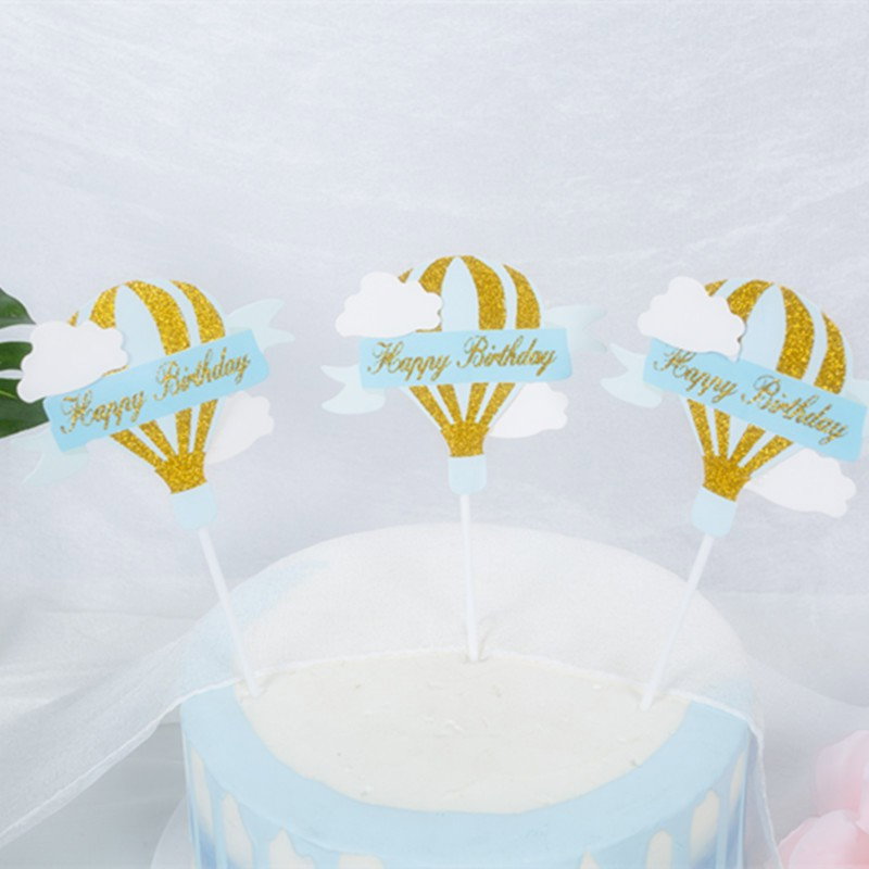 Set 3 Toppere pentru Tort, Flippy, Model Balon cu Aer Cald Happy Birthday, Tematica Aniversare, Albastru [4]