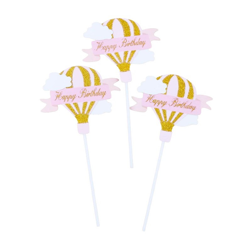 Set 3 Toppere pentru Tort, Flippy, Model Balon cu Aer Cald Happy Birthday, Tematica Aniversare, Roz [1]