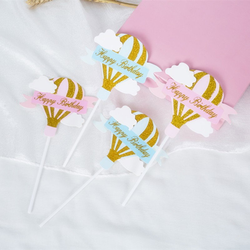 Set 3 Toppere pentru Tort, Flippy, Model Balon cu Aer Cald Happy Birthday, Tematica Aniversare, Roz [4]