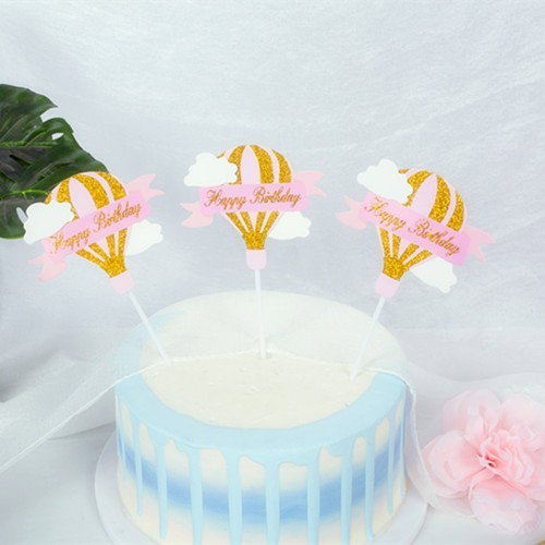 Set 3 Toppere pentru Tort, Flippy, Model Balon cu Aer Cald Happy Birthday, Tematica Aniversare, Roz [2]