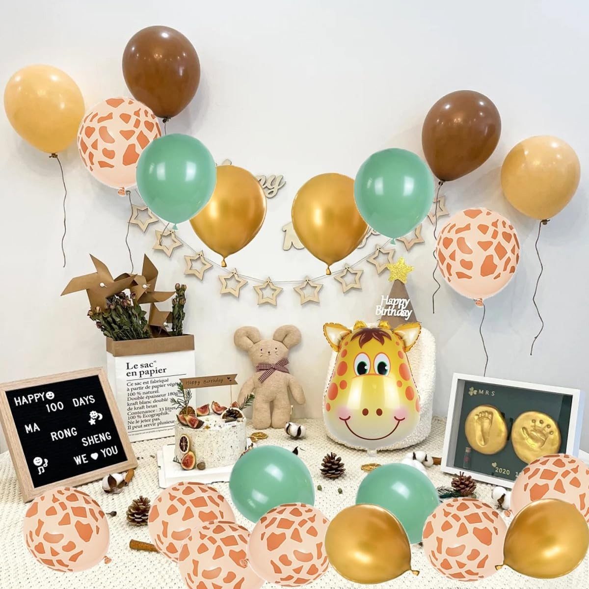 Set 30 Baloane Folie si Latex, Flippy, Tematica Prima Aniversare, Baloane Latex 30cm, 25cm, Figurina Girafa 32x34 cm, Frunza Palmier 15 cm, Cifra 1 76 cm, Multicolor [4]