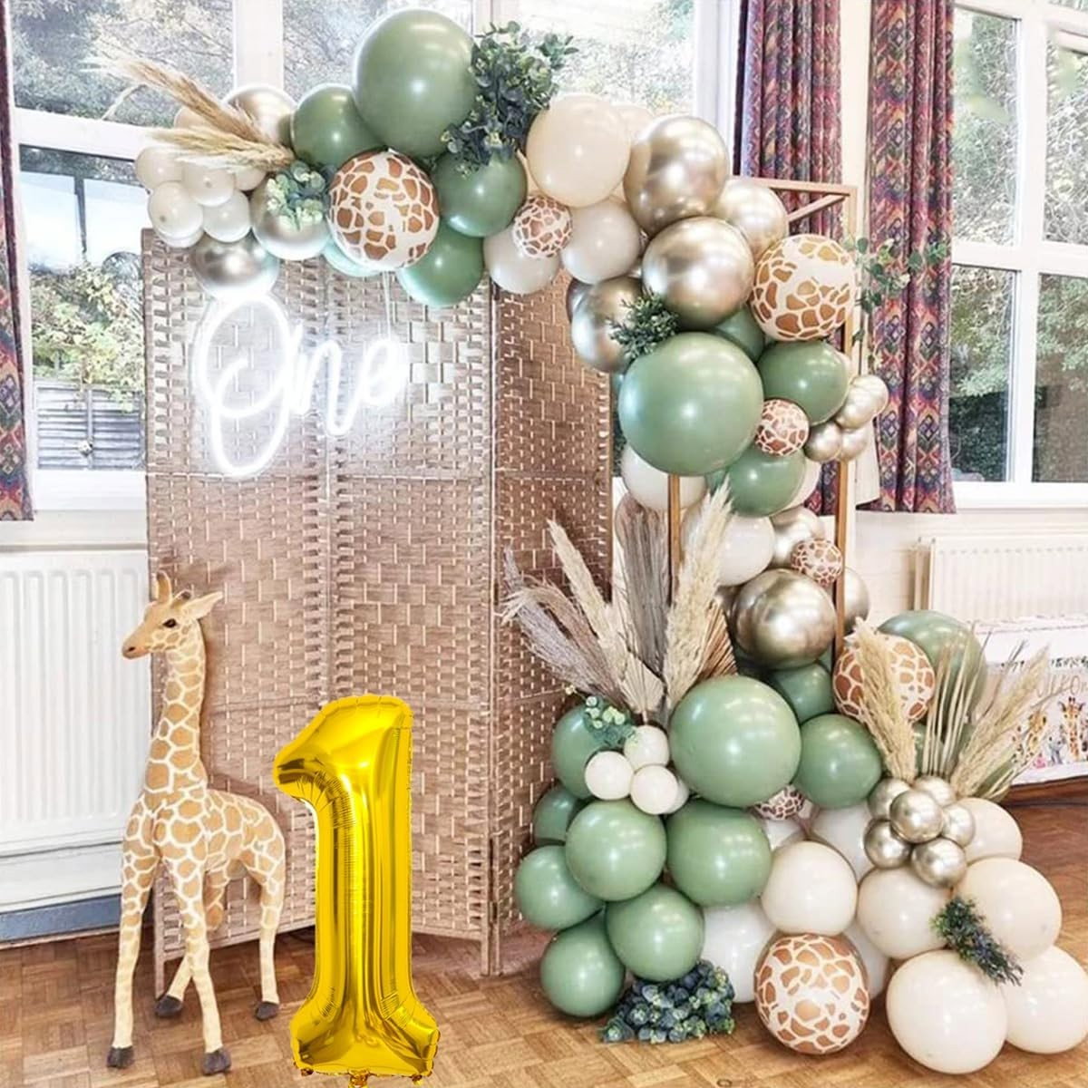 Set 30 Baloane Folie si Latex, Flippy, Tematica Prima Aniversare, Baloane Latex 30cm, 25cm, Figurina Girafa 32x34 cm, Frunza Palmier 15 cm, Cifra 1 76 cm, Multicolor [5]