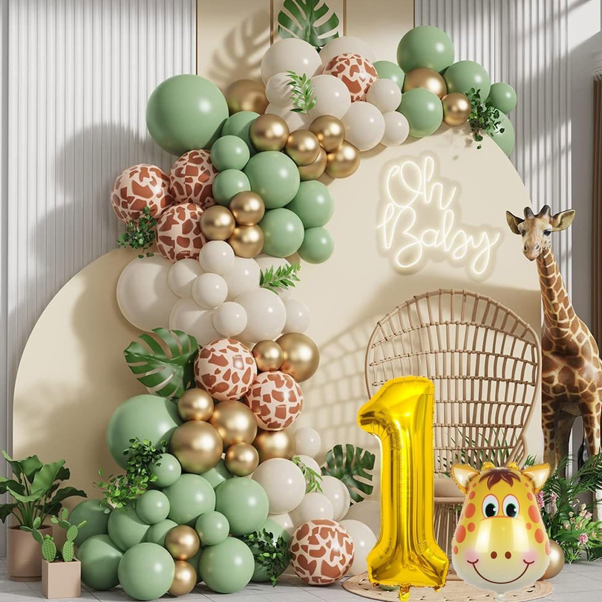 Set 30 Baloane Folie si Latex, Flippy, Tematica Prima Aniversare, Baloane Latex 30cm, 25cm, Figurina Girafa 32x34 cm, Frunza Palmier 15 cm, Cifra 1 76 cm, Multicolor [3]