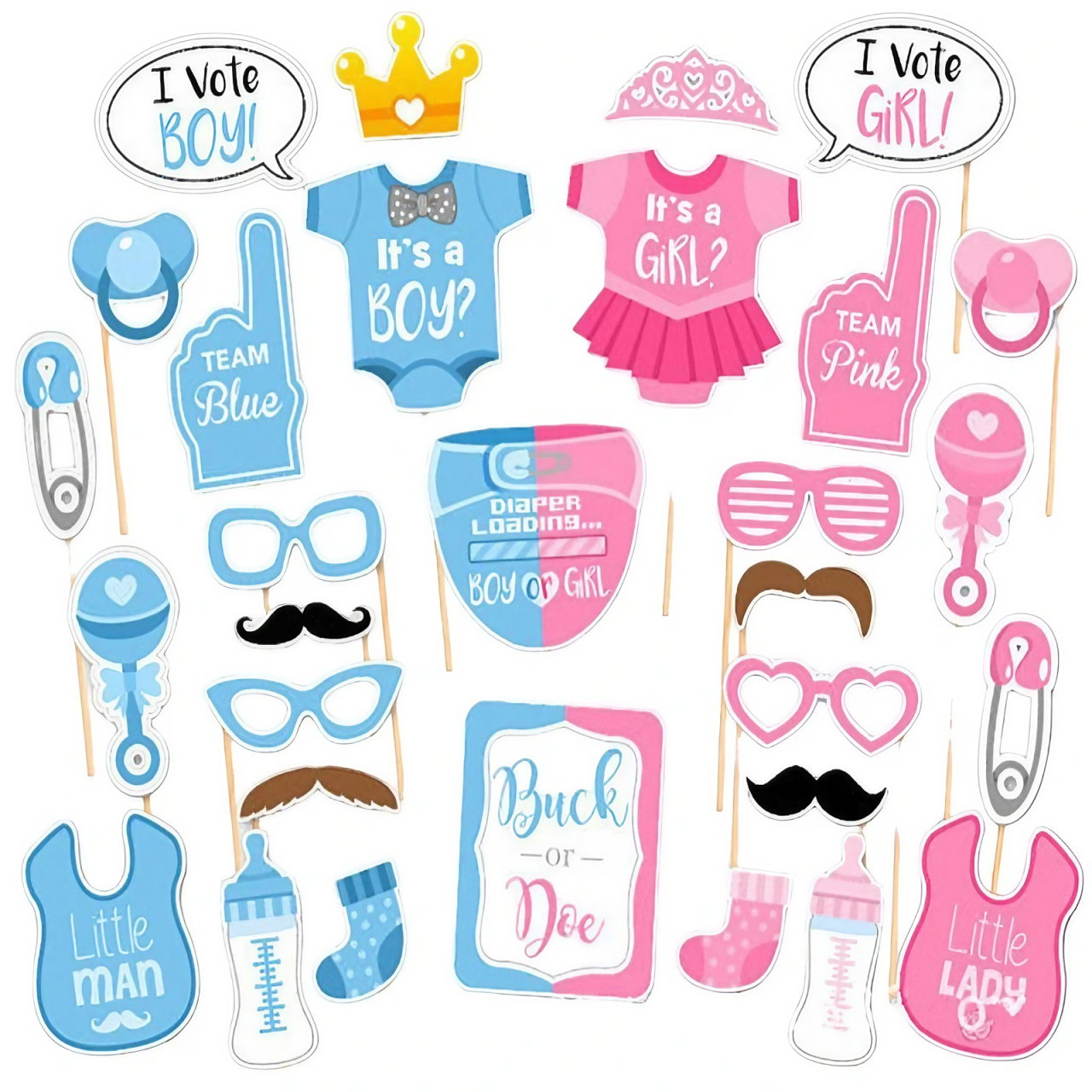 Set 30 de Accesorii pentru Petrecere, Flippy, Props pentru Coltul de Poze, Gender Reveal, Tematica Baby Shower, Albastru-Roz [1]