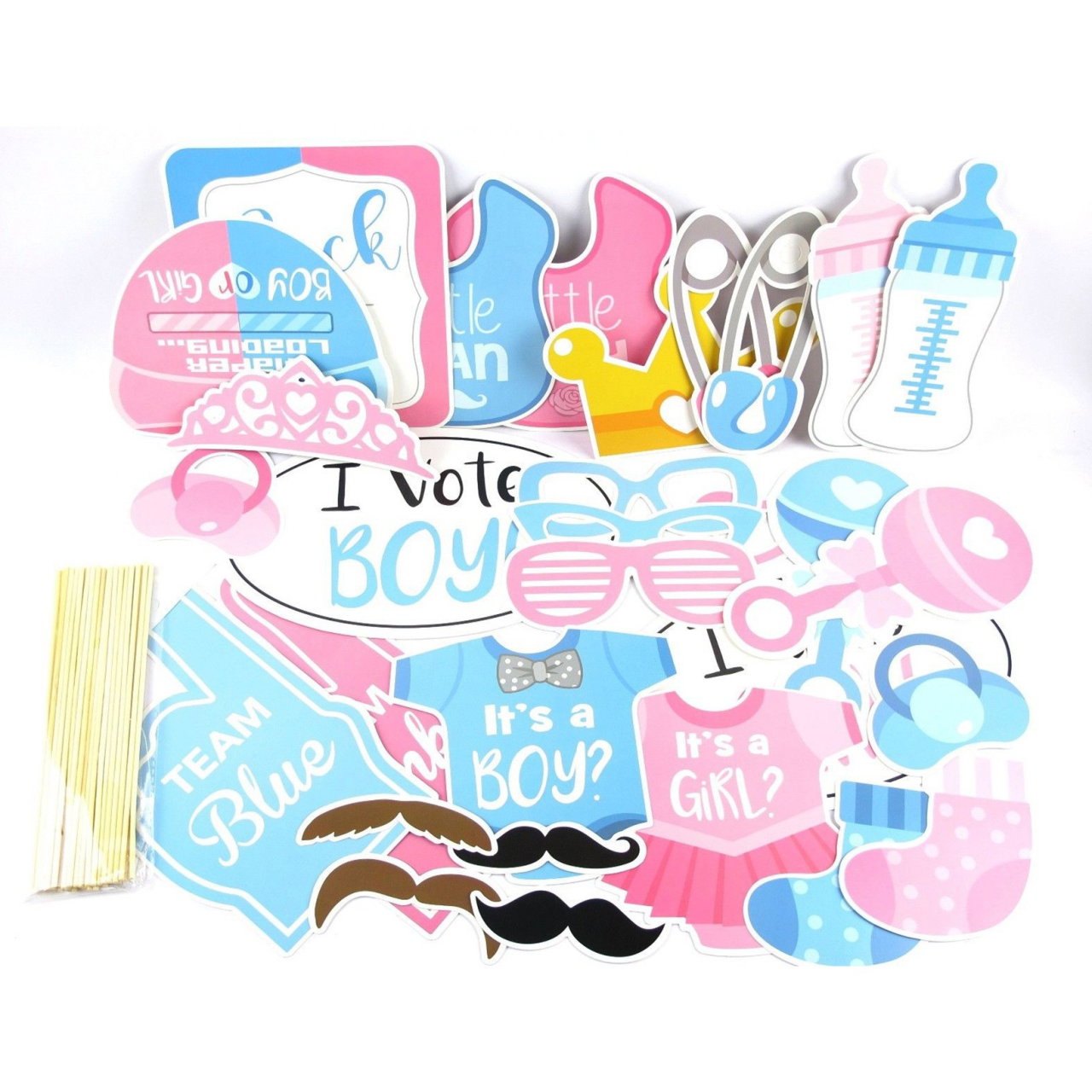 Set 30 de Accesorii pentru Petrecere, Flippy, Props pentru Coltul de Poze, Gender Reveal, Tematica Baby Shower, Albastru-Roz [2]