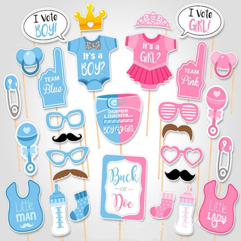 Set 30 de Accesorii pentru Petrecere, Flippy, Props pentru Coltul de Poze, Gender Reveal, Tematica Baby Shower, Albastru-Roz [5]