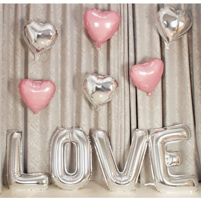 Set 4 Baloane din Folie Metalizata, Flippy, Figurine Litere, Model Scris Love, Tema Iubire, 80 cm, Ambalaj Individual, Pai Inclus, Umflare cu Aer sau Heliu, Argintiu [8]