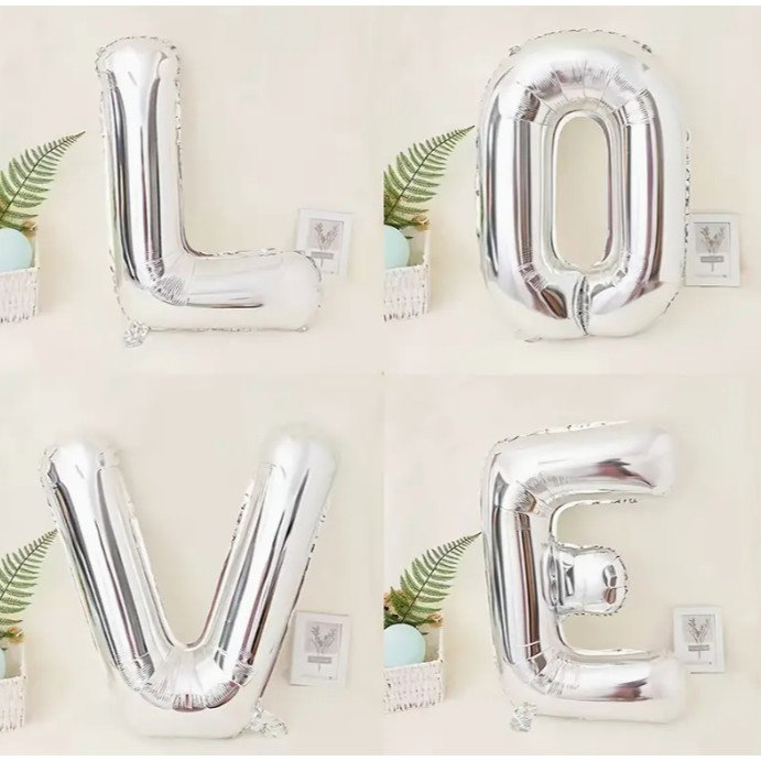 Set 4 Baloane din Folie Metalizata, Flippy, Figurine Litere, Model Scris Love, Tema Iubire, 80 cm, Ambalaj Individual, Pai Inclus, Umflare cu Aer sau Heliu, Argintiu [9]