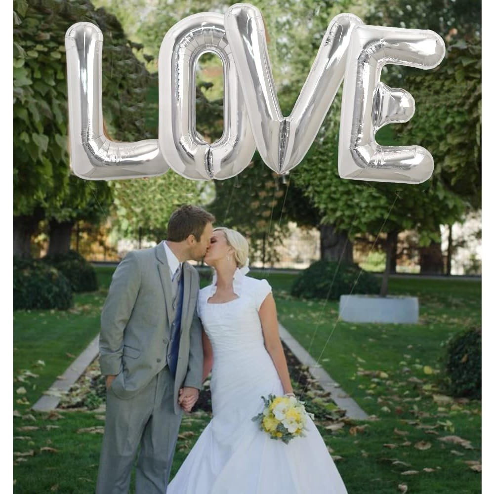 Set 4 Baloane din Folie Metalizata, Flippy, Figurine Litere, Model Scris Love, Tema Iubire, 80 cm, Ambalaj Individual, Pai Inclus, Umflare cu Aer sau Heliu, Argintiu [3]