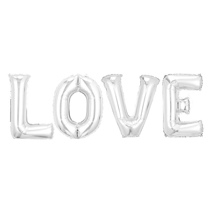 Set 4 Baloane din Folie Metalizata, Flippy, Figurine Litere, Model Scris Love, Tema Iubire, 80 cm, Ambalaj Individual, Pai Inclus, Umflare cu Aer sau Heliu, Argintiu [2]