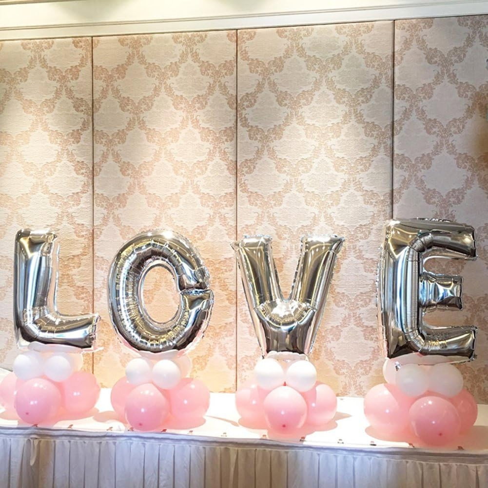 Set 4 Baloane din Folie Metalizata, Flippy, Figurine Litere, Model Scris Love, Tema Iubire, 80 cm, Ambalaj Individual, Pai Inclus, Umflare cu Aer sau Heliu, Argintiu [5]