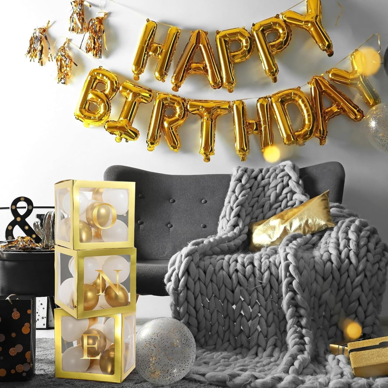 Set 4 Cutii pentru Baloane, Flippy, Model Simplu, Tematica Aniversare, Cuburi Decorative din Plastic, Accesorii pentru Petrecere, 30 x30 cm [10]