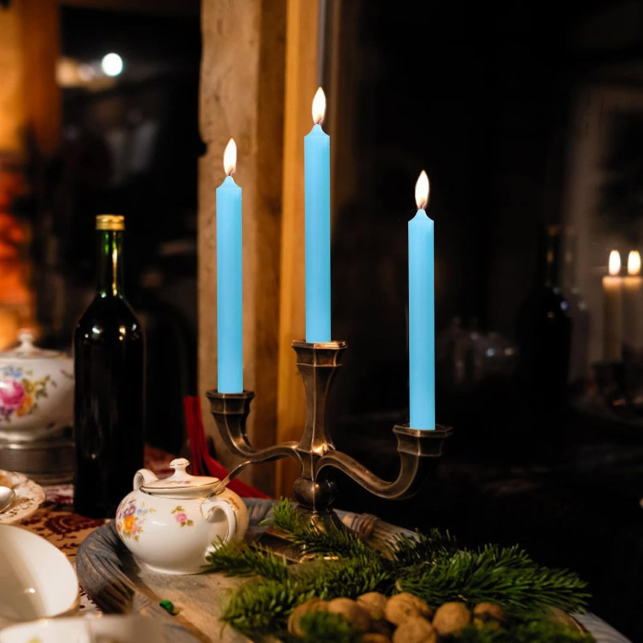 Set 4 Lumanari, Flippy, pentru Suport de Masa, Fara Miros si Fum, din Parafina, 2.2 x 25 cm, Albastru [4]