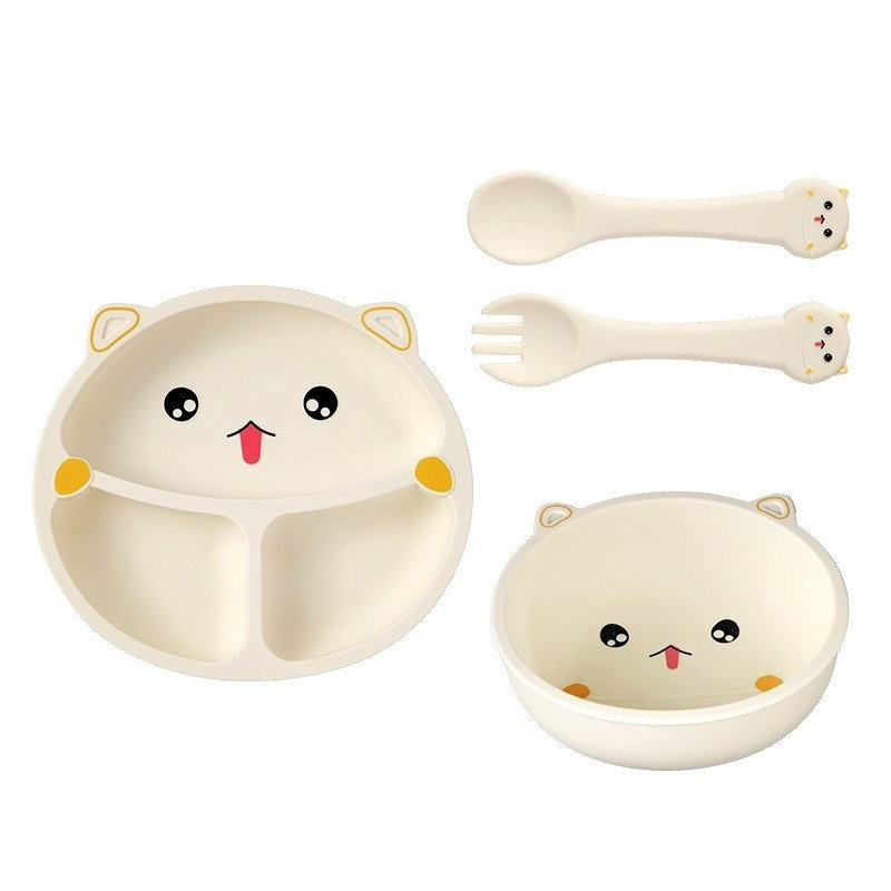 Set 4 Piese Hranire Bebelusi si Copii, Flippy, din Silicon, fara BPA, de la 12 Luni, Model Pisicuta, 28 x 26 x 2 cm, Bej [1]