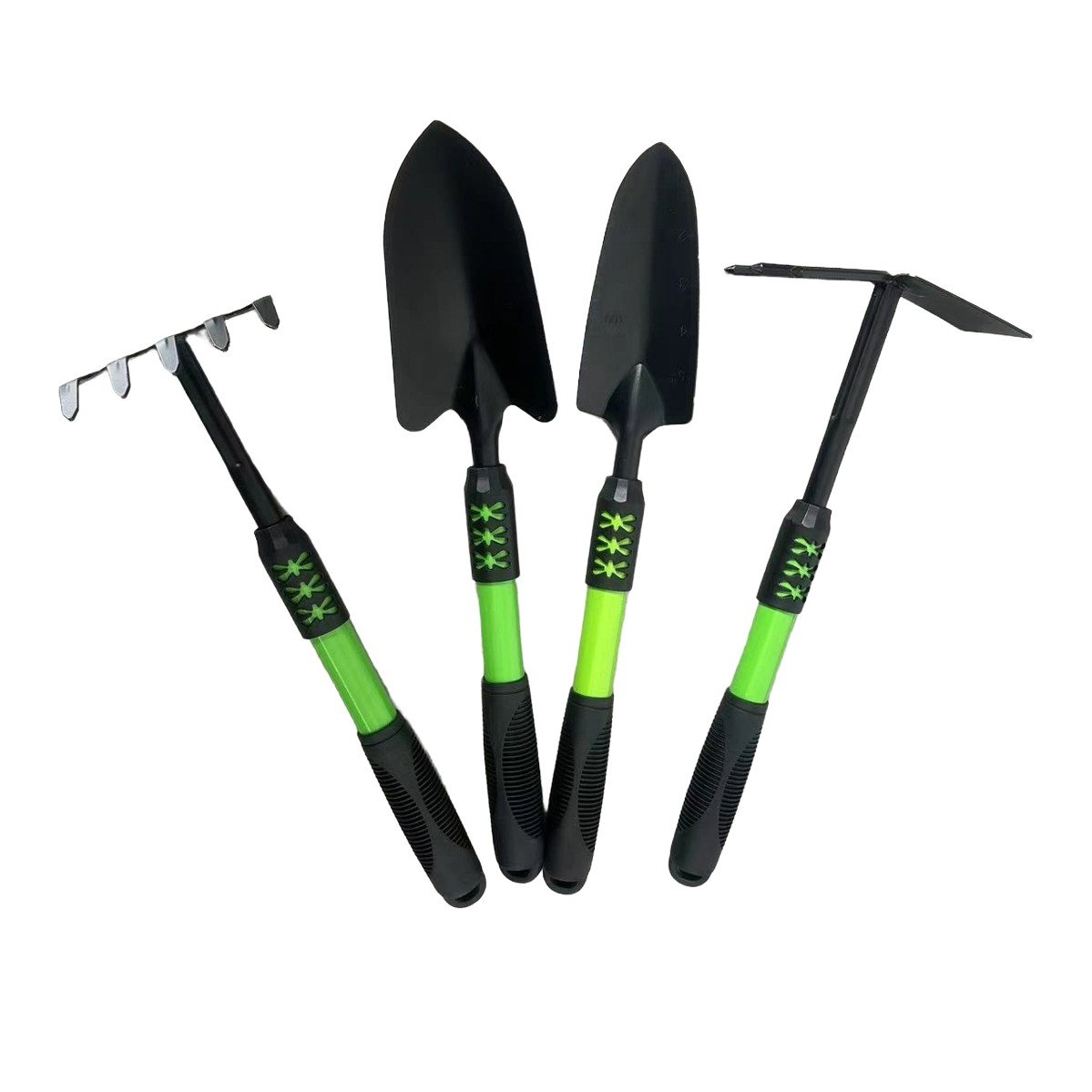 Set 4 Unelte de Gradina Flippy, pentru Plantare, Prelucrare Sol si Ingrijire Plante, Material PVC Carbon, Grebla, Sapaliga cu Cap Dublu, Lopata Mica, Lopata Lata, 43 x 11 cm, Negru/Verde [1]