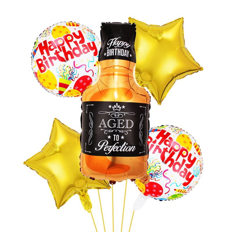 Set 5 Baloane din Folie Metalizata, Flippy, Figurine Sticla de Bautura, Model Stele, Tema Aniversare, Pai Inclus, Ambalaj Individual, Umflare cu Aer sau Heliu, Multicolor [1]