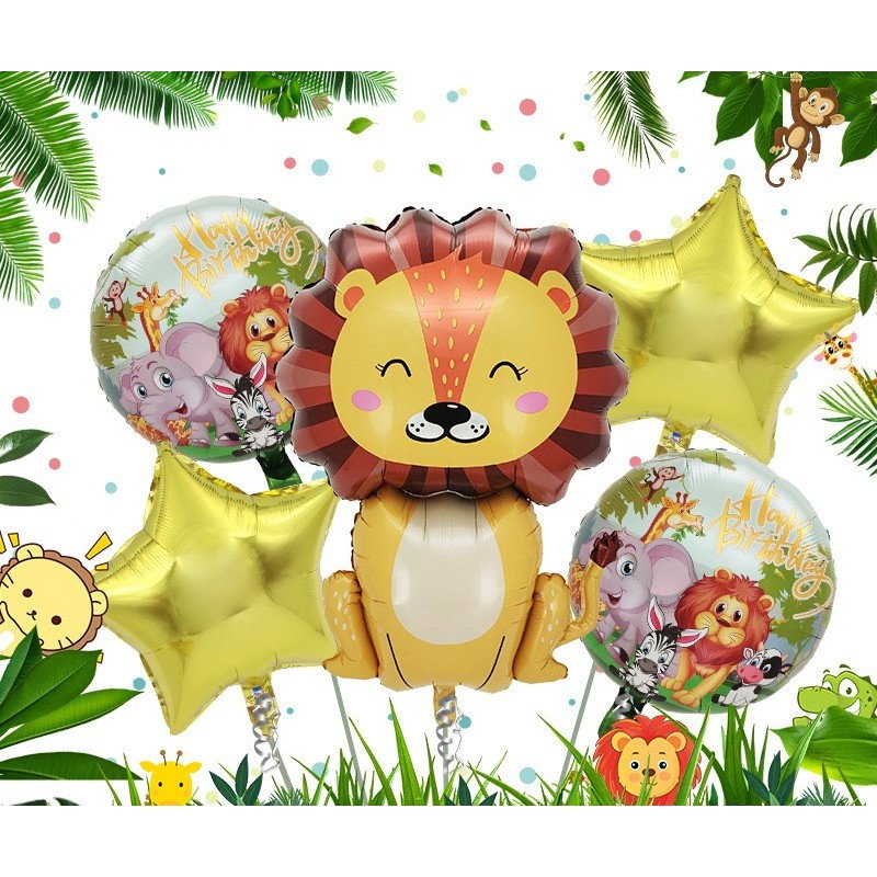 Set 5 Baloane din Folie Metalizata, Flippy, Figurine, Tema Aniversare Jungla, Pai Inclus, Ambalaj Individual, Umflare cu Aer sau Heliu, Figurina Leu 69.5x101 cm, Stelute si Cerculete 45 cm, Multicolor [3]