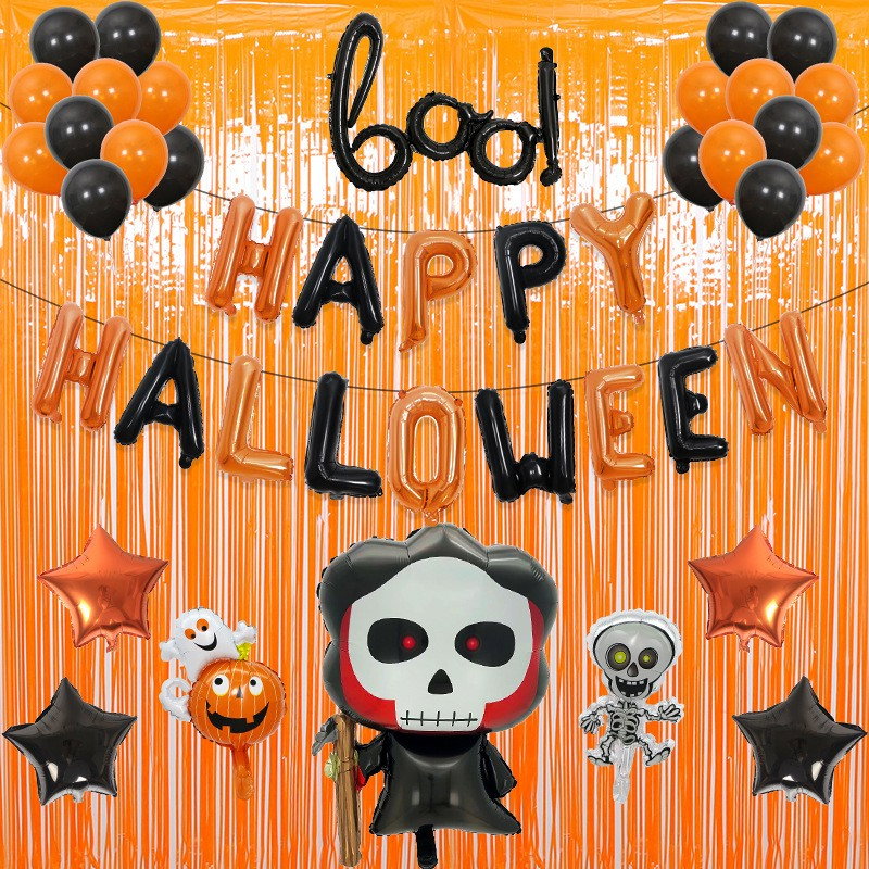 Set 5 Baloane din Folie Metalizata, Flippy, Figurine, Tema Halloween, Pai Inclus, Ambalaj Individual, Umflare cu Aer sau Heliu, Figurina Craniu 50.5x74 cm, Stelute si Cerculete 45 cm, Alb-Negru [5]