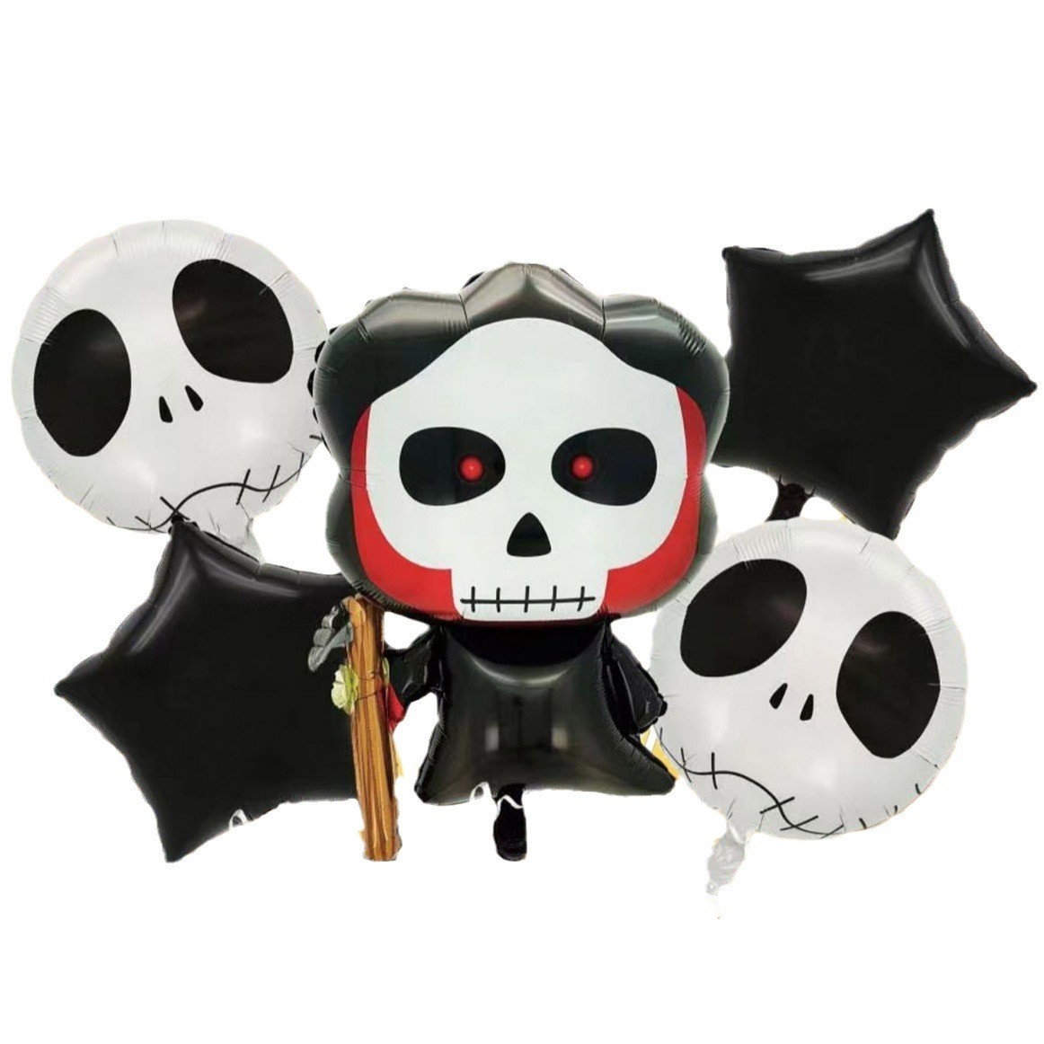 Set 5 Baloane din Folie Metalizata, Flippy, Figurine, Tema Halloween, Pai Inclus, Ambalaj Individual, Umflare cu Aer sau Heliu, Figurina Craniu 50.5x74 cm, Stelute si Cerculete 45 cm, Alb-Negru [1]