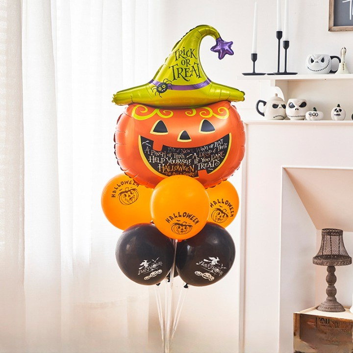 Set 5 Baloane din Folie Metalizata, Flippy, Figurine, Tema Halloween, Pai Inclus, Ambalaj Individual, Umflare cu Aer sau Heliu, Figurina Dovleac 54x87 cm, Stelute si Cerculete 45 cm, Multicolor [3]