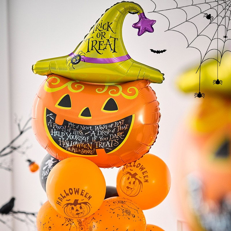 Set 5 Baloane din Folie Metalizata, Flippy, Figurine, Tema Halloween, Pai Inclus, Ambalaj Individual, Umflare cu Aer sau Heliu, Figurina Dovleac 54x87 cm, Stelute si Cerculete 45 cm, Multicolor [5]