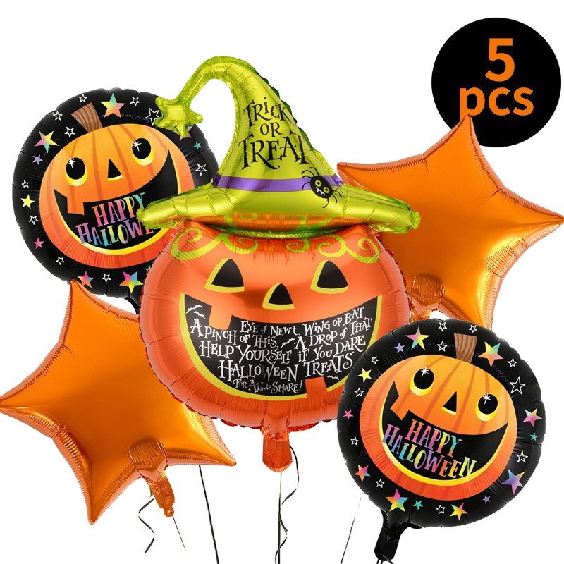 Set 5 Baloane din Folie Metalizata, Flippy, Figurine, Tema Halloween, Pai Inclus, Ambalaj Individual, Umflare cu Aer sau Heliu, Figurina Dovleac 54x87 cm, Stelute si Cerculete 45 cm, Multicolor [1]
