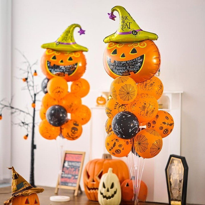 Set 5 Baloane din Folie Metalizata, Flippy, Figurine, Tema Halloween, Pai Inclus, Ambalaj Individual, Umflare cu Aer sau Heliu, Figurina Dovleac 54x87 cm, Stelute si Cerculete 45 cm, Multicolor [4]