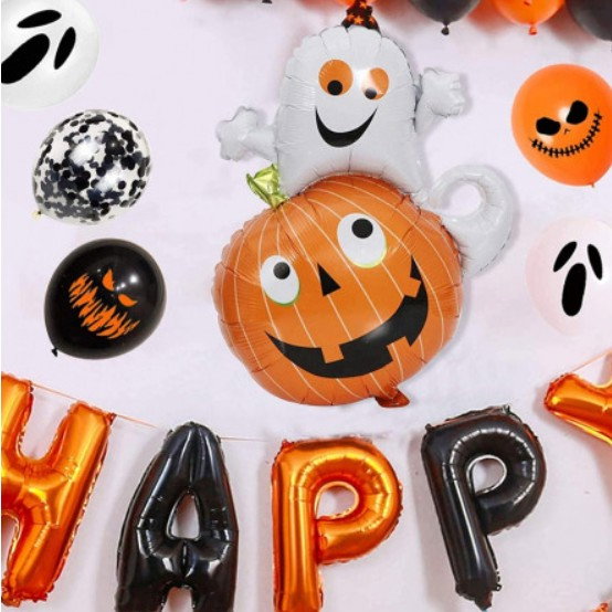 Set 5 Baloane din Folie Metalizata, Flippy, Figurine, Tema Halloween, Pai Inclus, Ambalaj Individual, Umflare cu Aer sau Heliu, Figurina Dovleac cu Fantoma 64x80 cm, Stelute si Cerculete 45 cm, Multic [9]