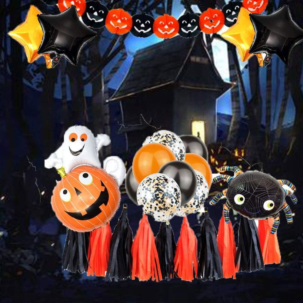 Set 5 Baloane din Folie Metalizata, Flippy, Figurine, Tema Halloween, Pai Inclus, Ambalaj Individual, Umflare cu Aer sau Heliu, Figurina Dovleac cu Fantoma 64x80 cm, Stelute si Cerculete 45 cm, Multic [5]