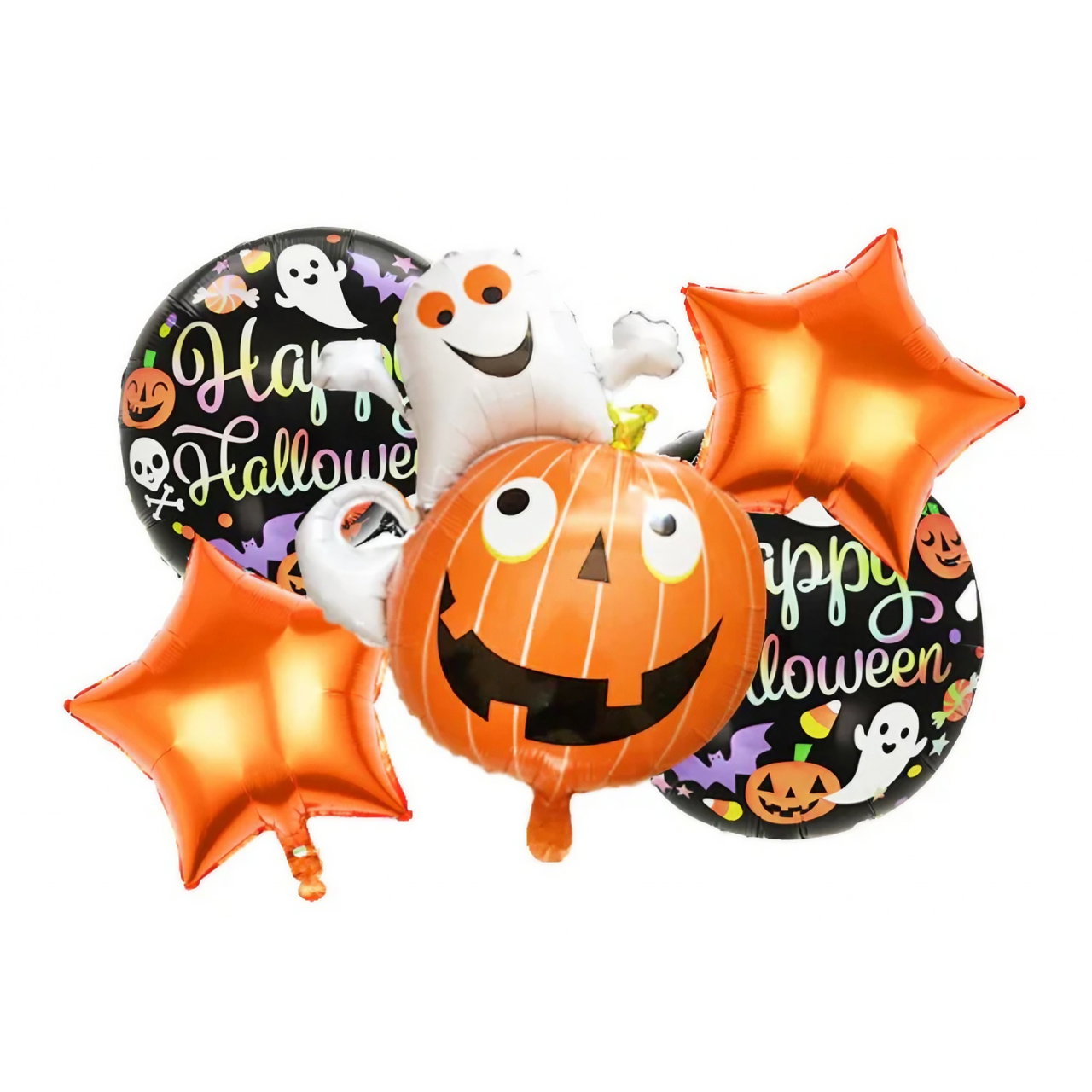 Set 5 Baloane din Folie Metalizata, Flippy, Figurine, Tema Halloween, Pai Inclus, Ambalaj Individual, Umflare cu Aer sau Heliu, Figurina Dovleac cu Fantoma 64x80 cm, Stelute si Cerculete 45 cm, Multic [1]