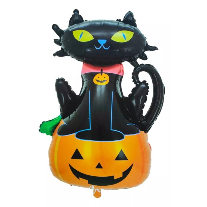 Set 5 Baloane din Folie Metalizata, Flippy, Figurine, Tema Halloween, Pai Inclus, Ambalaj Individual, Umflare cu Aer sau Heliu, Figurina Dovleac si Pisica 90x60 cm, Stelute si Cerculete 45 cm, Portoca [7]