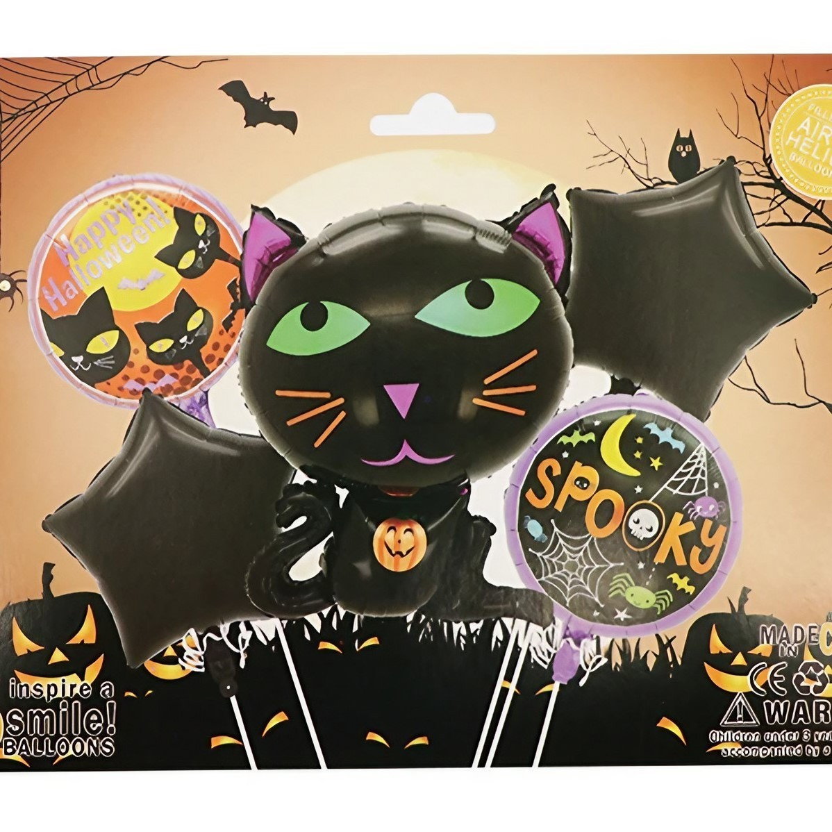Set 5 Baloane din Folie Metalizata, Flippy, Figurine, Tema Halloween, Pai Inclus, Ambalaj Individual, Umflare cu Aer sau Heliu, Figurina Pisica 65x49 cm, Stelute si Cerculete 45 cm, Negru [2]